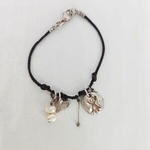 Sterling Silver 925 Black Leather Cord Charm Bracelet Freshwater Pearls Heart